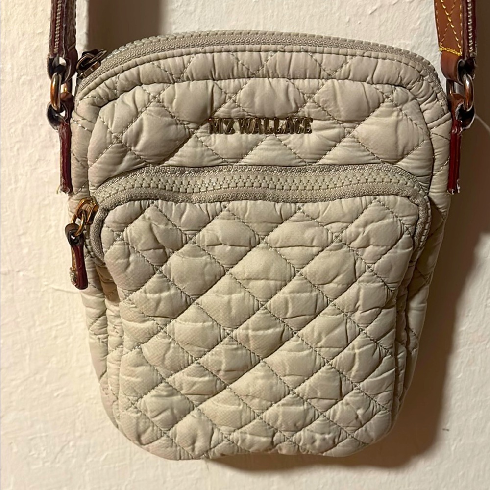 MZ Wallace Gray Quilted Crossbody Bag with Geometric Pattern